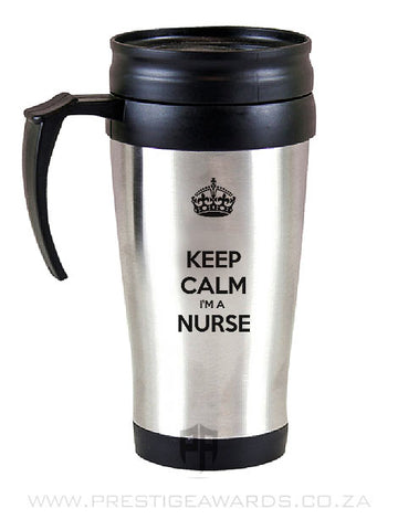 A Stainless Steel Travel Mug with message